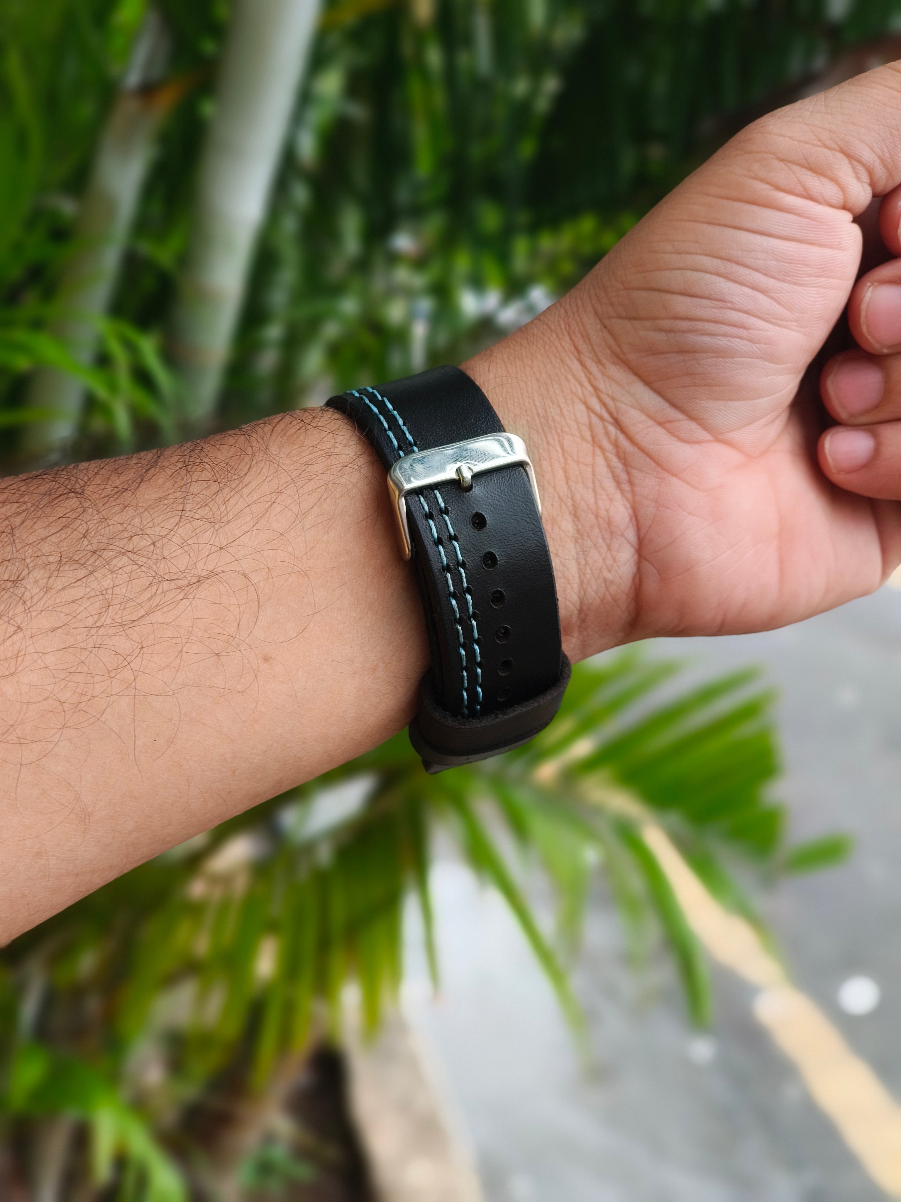Zinoskins Parallel Stitch (Blue Thread) Premium Black 100 % Real Leather Strap Compatible for Apple Watch – Sleek. Smart. Stylish.