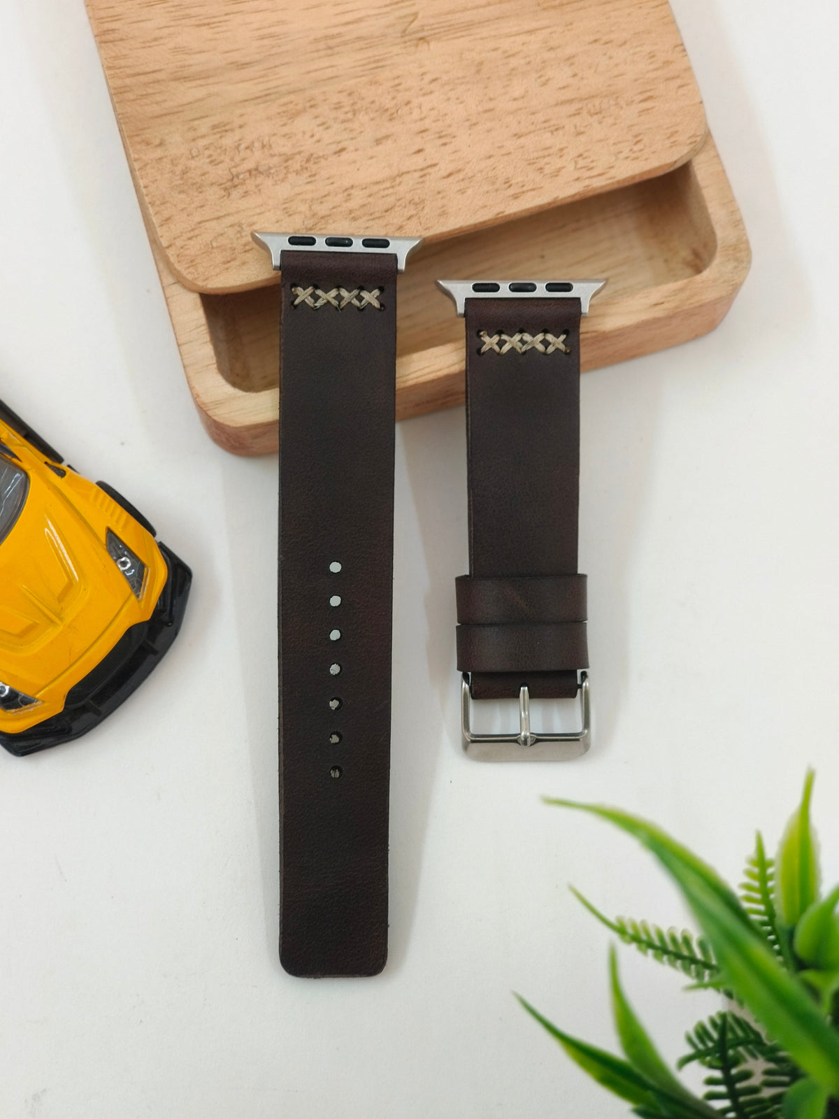 Zinoskins Cross Stitch Premium Dark Brown 100% Real Leather Strap Compatible For Apple Watch – Rustic Charm with Cross-Stitch Detail