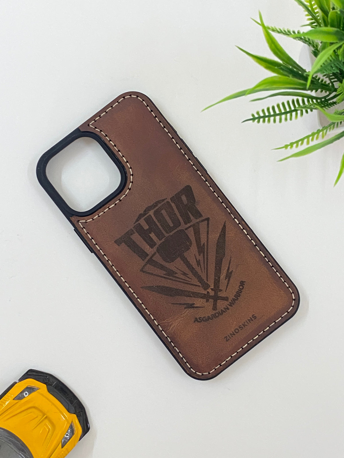 Asgardian Warrior Inspired Leather Phone Case | Engraved Hammer Design | iPhone 11–16 Pro Max