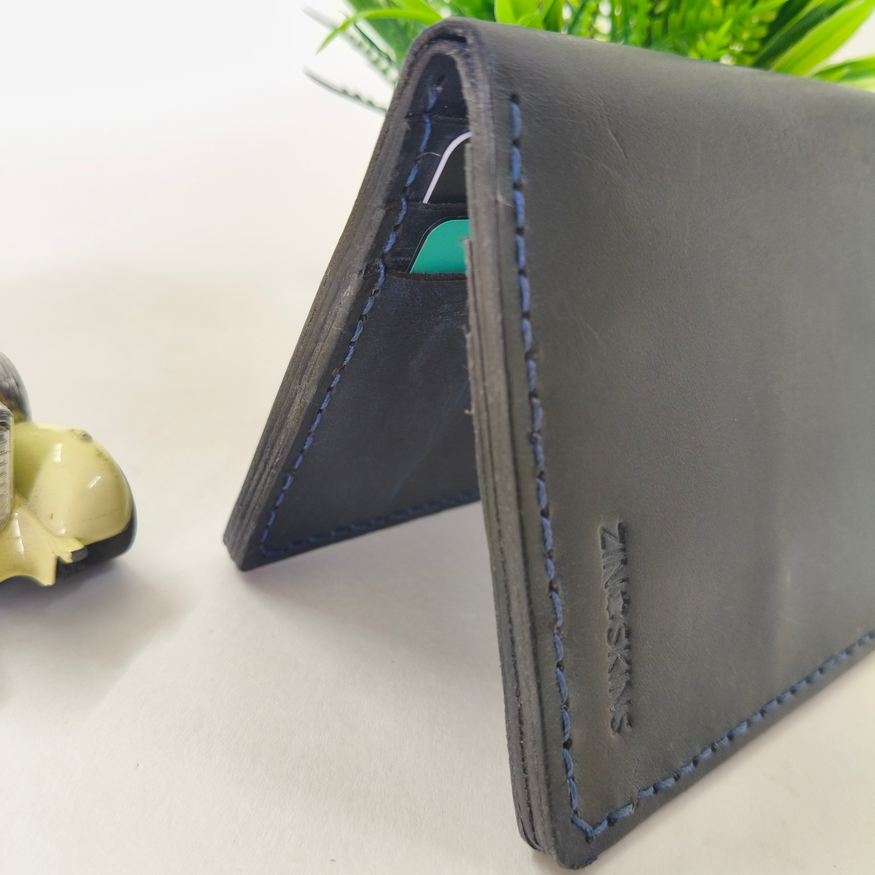 Leather Wallet for Mens Handmade Dark Blue With Blue Thread ( Real Leather )