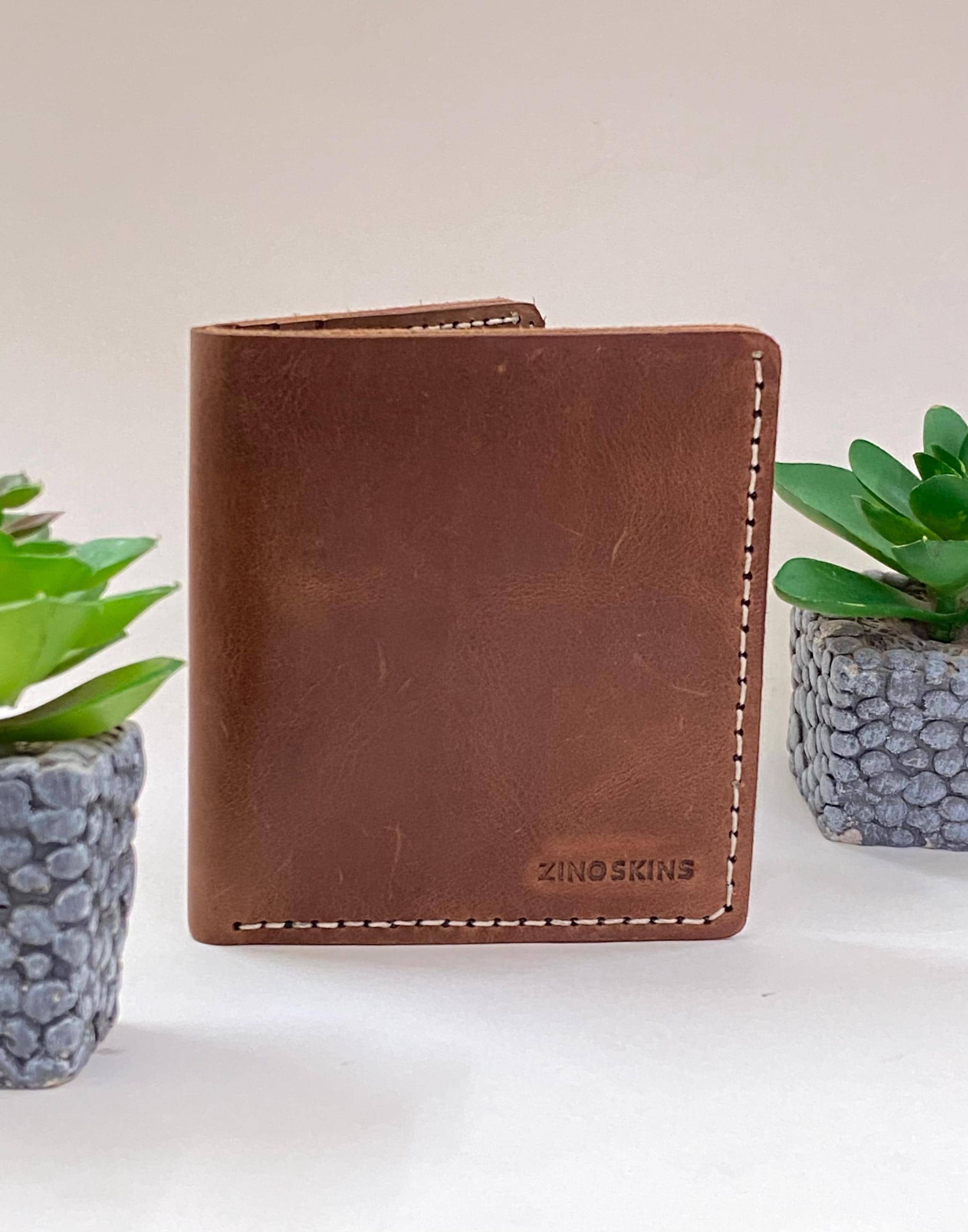Leather Wallet for Mens Handmade Tan With Ivory thread ( Real Leather )