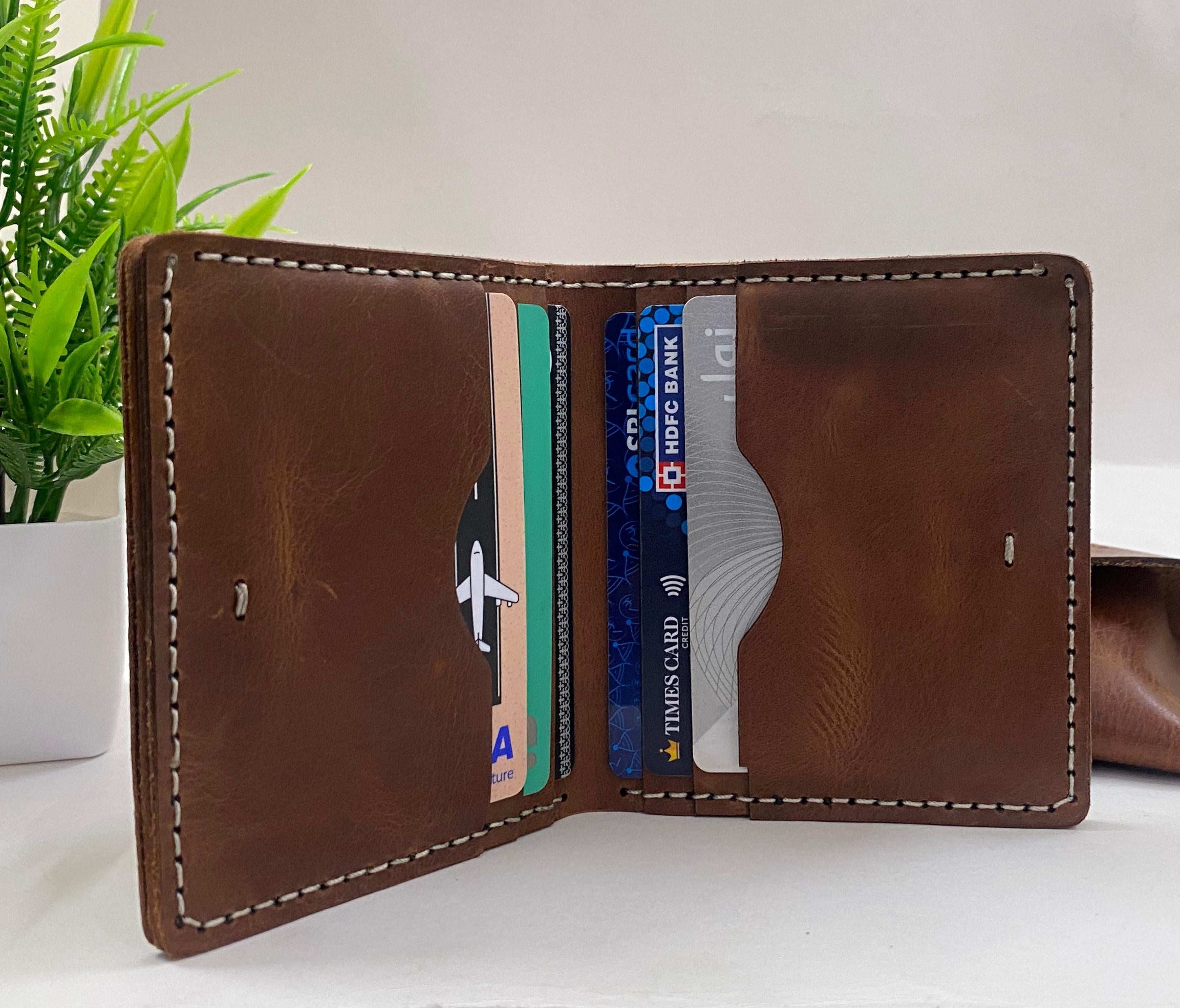 Leather Wallet for Mens Handmade Tan With Ivory thread ( Real Leather )